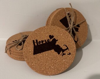 Engraved Home Cork Coasters | 50 State Coasters for Locals and Long Distance | Personalized Cork Massachusetts, Texas New York