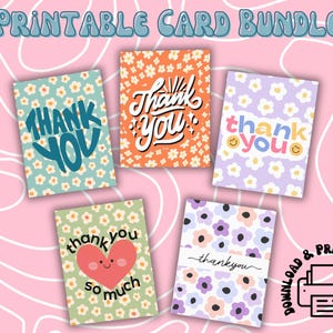 Lot de cartes de remerciement florales imprimables / Pack de cartes de voeux / Cartes sur le thème mignonnes et groovy des années 70 / Pack de cartes en téléchargement numérique / Impression à domicile
