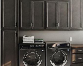Laundry Room Grey Shaker Cabinets Assembled, Solid Wood Cabinet, Fully Assembled Made in the USA.