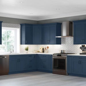 Kitchen Cabinetry RTA Blue Shaker modern farmhouse kitchens, All wood cabinets, country cabinet, free quotes welcome, Trim kits available