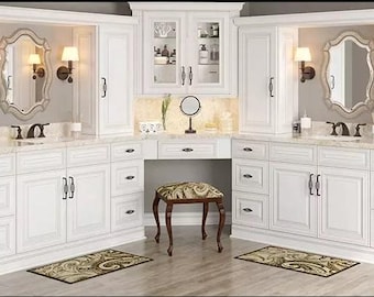 Bathroom Cabinets Antique White Assembled,  Raised Panel Solid Wood Cabinet, Made in the USA.