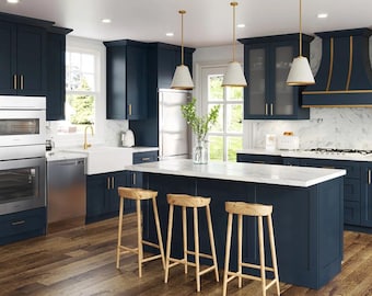 Kitchen Cabinets Navy Blue Shaker Assembled, RTA Cabinets, Country Kitchen Decor, Food Storage, Linen Cabinet, Farmhouse, solid Wood Cabinet