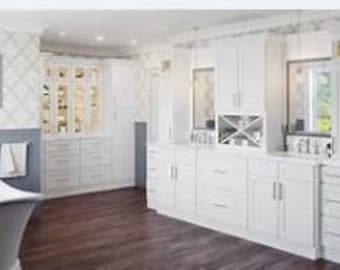 Bathroom Cabinets Frameless Pure White Assembled Cabinets, Made in the USA.