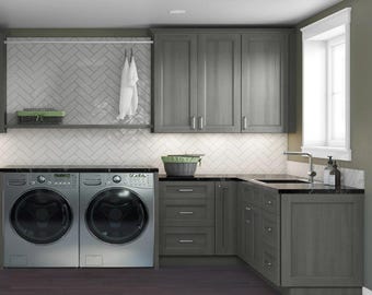 Laundry Room Cabinets Grey Shaker Assembled , Solid Wood Cabinet Made in the USA.