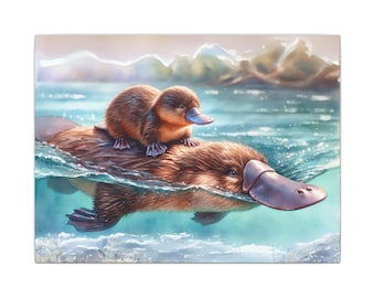 Ornitorrinco bebé y mamá nadando, lienzo mate, 30 x 23 cm, estirado, 1,9 cm de profundidad