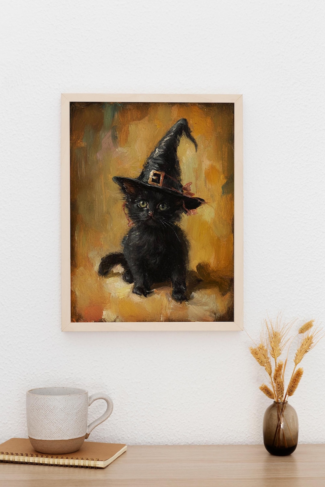 Halloween Wall Art Printable Black Cat Witch Dark Academia Oil Painting ...