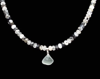 Gray Sea Glass & Black Tourmaline Quartz Sterling Silver Necklace / Sea Glass Jewelry / Beach Glass Jewelry / Sea Glass Necklace