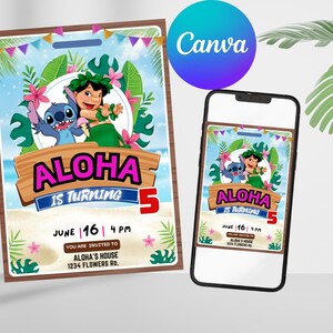 Editable Stitch Birthday Invitation, Printable Cartoon Birthday Invitation, Digital Kids Party Invite, Canva template, Instant Download