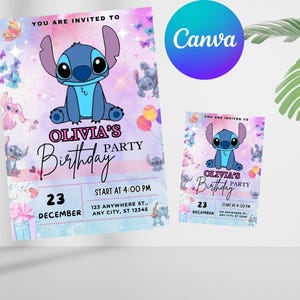Convite de aniversário Stitch and Angel: modelo editável e imprimível – lindo convite para o aniversário do seu pequeno, editável no Canva