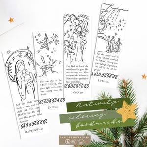Può includere: Set di quattro segnalibri da colorare della Natività in bianco e nero. Ogni segnalibro presenta una scena biblica diversa e testo. Le parole "Nativity coloring bookmarks" sono scritte su banner verdi e bianchi.