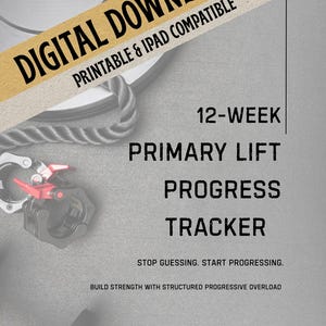 Może przedstawiać: Cyfrowe pobieranie trackera fitness z tekstem: "12-tygodniowy tracker postępów w podnoszeniu ciężarów". Obraz zawiera sprzęt do ćwiczeń, taki jak sztanga i talerze obciążeniowe. Tekst mówi również "Przestań zgadywać. Zacznij robić postępy."