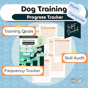 Può includere: Un tracker di progressi per l'addestramento dei cani stampabile con un design a forma di impronta di zampa. Il tracker include sezioni per gli obiettivi di allenamento, il tracker di frequenza e l'audit delle competenze.