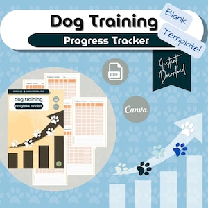 Può includere: Un tracker di progressi per l'addestramento dei cani stampabile con una grafica di impronta di zampa e il testo "Dog Training Progress Tracker". Il tracker è disponibile come modello PDF e Canva.