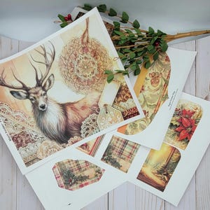 May include: A set of six printable Christmas card designs featuring a deer, plaid, floral, and poinsettia patterns. The cards are printed on white paper and are ready to be cut out and used.