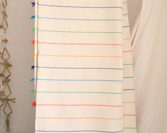Handwoven Mexican Blanket: White with Multicolored Stripes, Boho Bed Cover