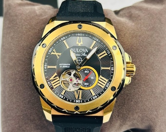 New Men's Marine Star 98A272 Gold Dial Black Silicon Strap Automatic Watch 45MM Gift for Him