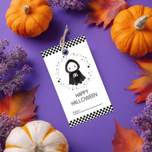 Skeleton Candy Labels, Checkered Halloween Favor, Spooky Cute Treat Tags, Minimalist Ghostly Party Printables, Downloadable Holiday PDF File
