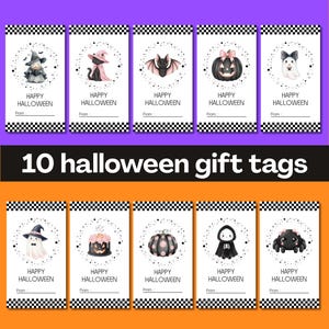 May include: Ten rectangular Halloween gift tags featuring a black and white checkered border at the top and bottom. Each tag displays a unique illustration of a ghost, cat, bat, pumpkin, or spider, with the text HAPPY HALLOWEEN and a From line.