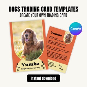 Puede incluir: Una plantilla imprimible para crear una tarjeta de intercambio de perros. La plantilla presenta una foto de un perro marrón y blanco con el texto "Yumbo, Registred therapy dog" en la parte inferior. La plantilla también incluye espacio para el nombre del perro, la raza, las actividades favoritas y otra información.