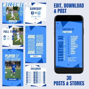 Puede incluir: Un conjunto de 30 gráficos de redes sociales azules y blancos para un equipo de fútbol. Los gráficos incluyen un mensaje de bienvenida, un anuncio de día de juego, un marcador de tiempo completo, un anuncio de jugador del partido, un calendario y una alineación inicial. Los gráficos están diseñados para ser utilizados en Instagram y otras plataformas de redes sociales.
