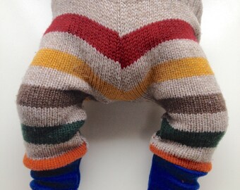 0-6 months - Small Diaper Cover Wool Longies - Soft and Scrappy Striped Recycled Lambswool Longies