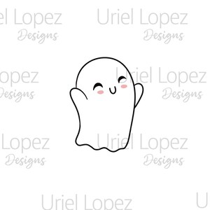 Può includere: Un semplice disegno a linea di un fantasma bianco con un viso sorridente e guance rosate. Il fantasma è disegnato in stile cartone animato e ha le braccia alzate in aria.