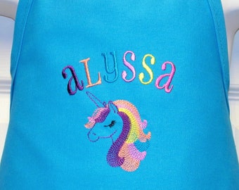 Personalized Kids Art Smock: Embroidered Unicorn Rainbow Apron (Age 3-12)