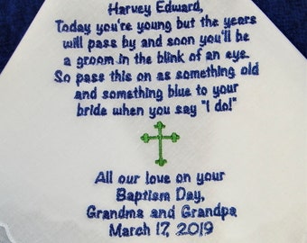 BAPTISM Boy Custom Embroidered Personalized Church Religious Future Wedding Handkerchief for Bride