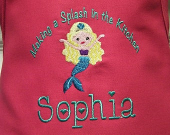Personalized Embroidered Preschool Toddler Elementary Kids MERMAID Kitchen Apron- 6 Mermaids to Choose From