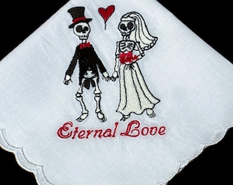 Pañuelo vintage bordado con esqueleto de pareja de novios para Halloween con borde festoneado*#40
