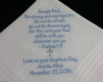 NEW BAPTISM Gift for Boy or Girl Custom Embroidered Personalized Church Religious Future Wedding Handkerchief, Hankie