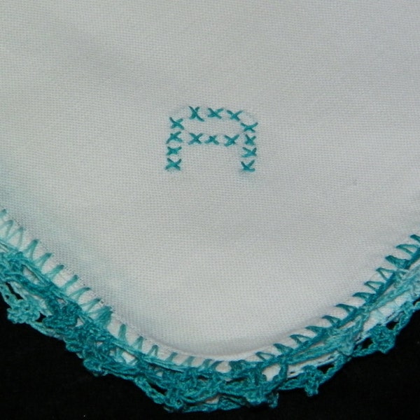 Vintage Teal Blue on White Crochet Trim Initial Letter Monogram--A--Brides Wedding Handkerchief, 5203