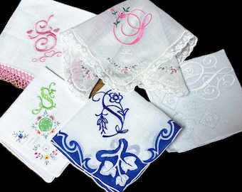 Vintage Monogrammed "S" in Blue, Pink, White Handkerchief**#20