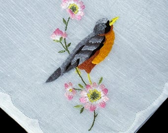 Pañuelo vintage bordado a mano con el pájaro petirrojo**#132