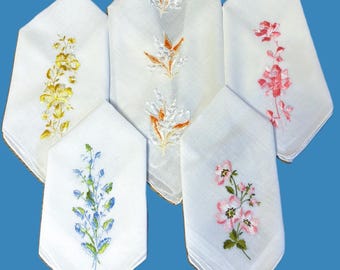 Vintage Lot of 5 Mixed Floral Embroidered Handkerchiefs**#27