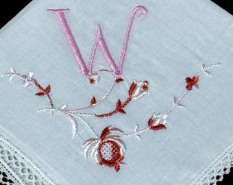 Vintage Pink Monogram Letter "W"  Handkerchief**#82