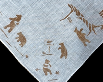 Vintage Novelty Linen Brown Bears Seeking Honey Handkerchief**#85