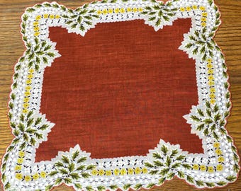 Vintage NEW w/Tags  Scalloped Irish Linen Fall Leaves Handkerchief**#152