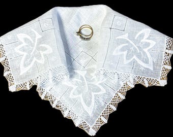 Vintage Hand Embroidered Linen & Lace Bride's Handkerchief**#12