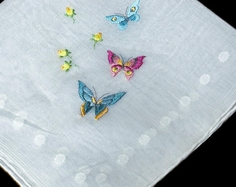 Vintage NOS Embroidered Butterflies Handkerchief**#112