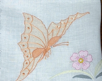 Vintage Hand Embroidered Butterfly Handkerchief**#67