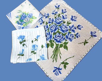 Vintage Selection of Blue Roses Floral Handkerchiefs**#7