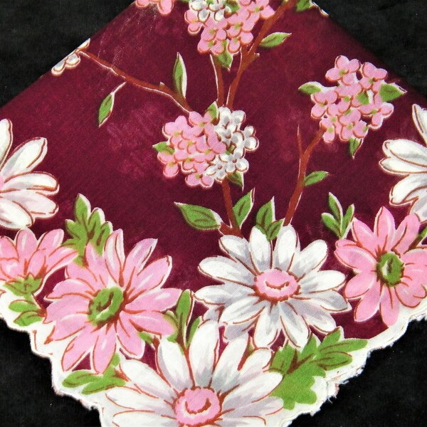 Gorgeous Vintage 50's Scalloped 14" Pink Daisy Higan Cherry Tree Floral Handkerchief~1426