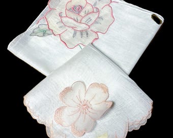 Pair Vintage New w/Tags 3D Pink Organza Floral Handkerchiefs**#146