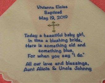 BAPTISM Girl Gift Custom Embroidered Personalized Church Religious Future Wedding Handkerchief, Hankie, Hanky