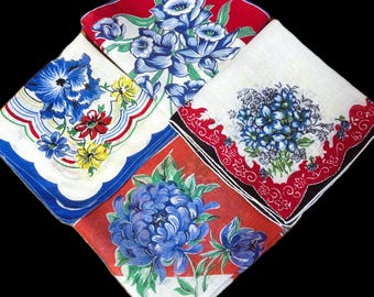 Lote vintage de 4 pañuelos florales rojos y azules PERFECTOS**#33