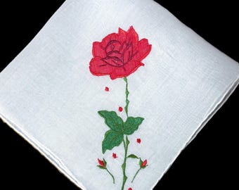 Vintage Embroidered Long Stem Red Rose Handkerchief**#76