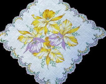 Vintage Scallop Purple & Yellow Iris Floral Handkerchief**#90