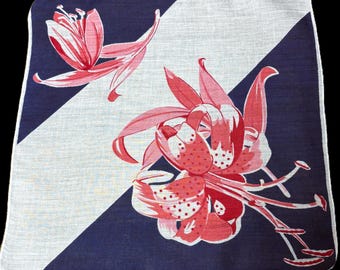 Vintage Irish Linen Pink Tiger Lily Handkerchief**#161