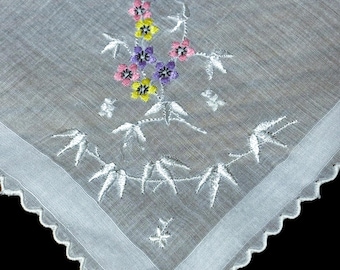 Vintage Embroidered Pastel Flowers & Birds Handkerchief**#65